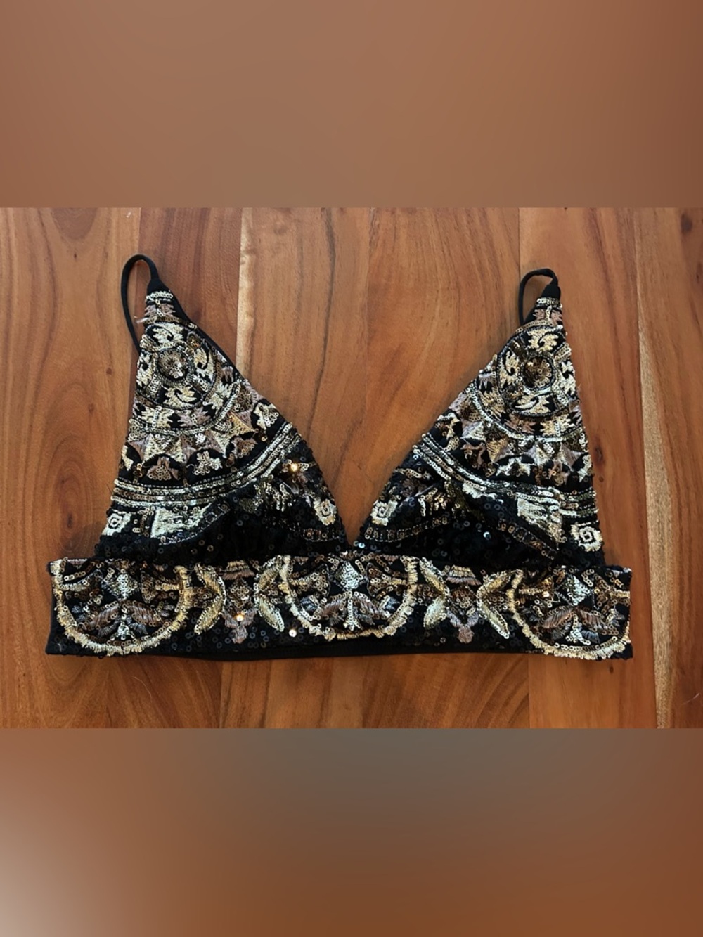 Free People Embellished Sequin Triangle Bralette/Top - Black/Gold, Sz L
